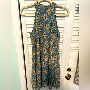 Floral high halter neck with tie closure light blue mini dress!